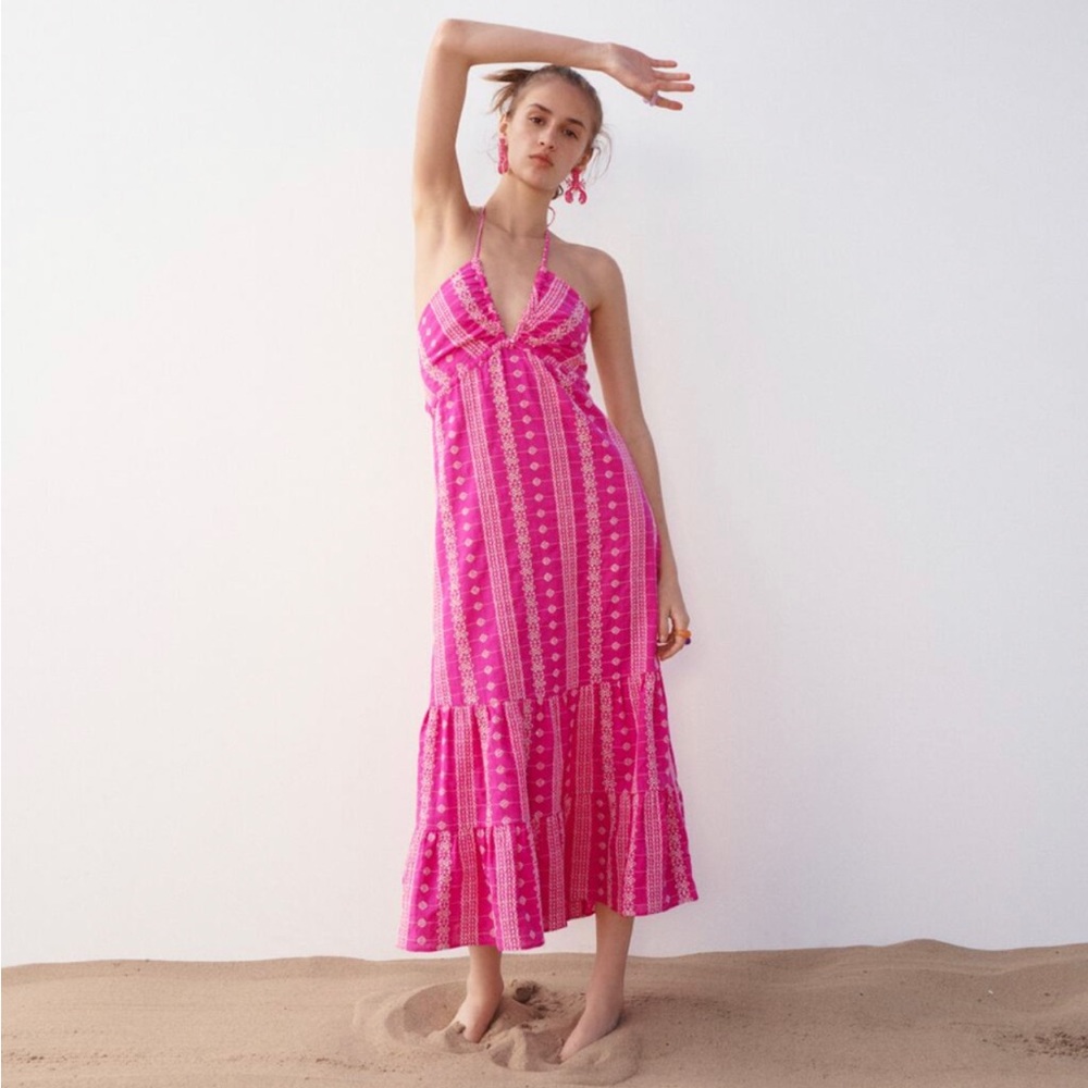 Zara Fuschia Embroidered midi dress size M